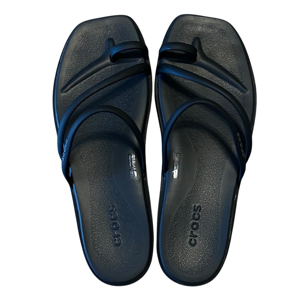 Crocs Miami Toe Loop Sandal Black Square Toe Strappy Slide Womens Size 10